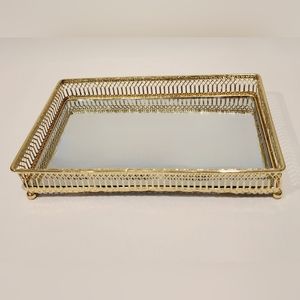 Gold Tone Metal Mirror Vanity Tray  10"x6.5"x1.75"